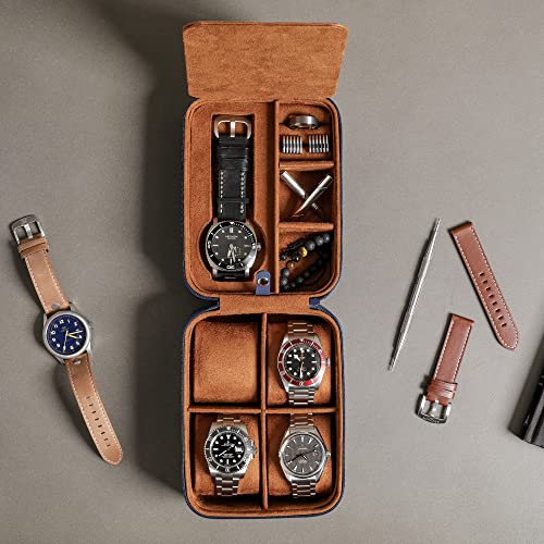 Rothwell 5 Watch Travel Case Storage Organizer For 5 Watches | Tough Portable Protection W/Zipper Fits All Wristwatches & Smart Watches Up To 50Mm (Blue/Tan) #TOP2