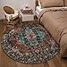 Ciicool Boho Area Rug 4x4ft Round Washable Bedroom Non-Slip Vintage Entryway Throw Low-Pile Indoor Carpet for Living Room Foyer(Brick Red/Dull Teal)