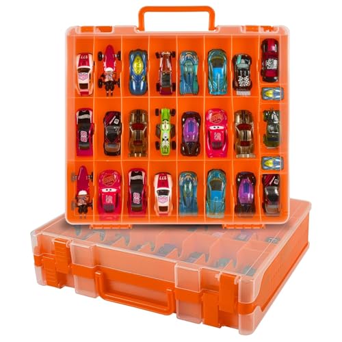 Toy Car Storage Organizer Case Compatible with Hot Wheels/for Matchbox Cars. Display Carrying Container Holder for LOL Surprise Dolls/for Shopkins with 48 Compartments Double Sided-Orange (Box Only)