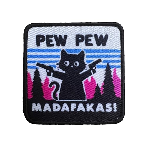 PEW PEW MADAFAKAS Schwarz Katze mit Pistole Aufnäher Moral Patches Klett...