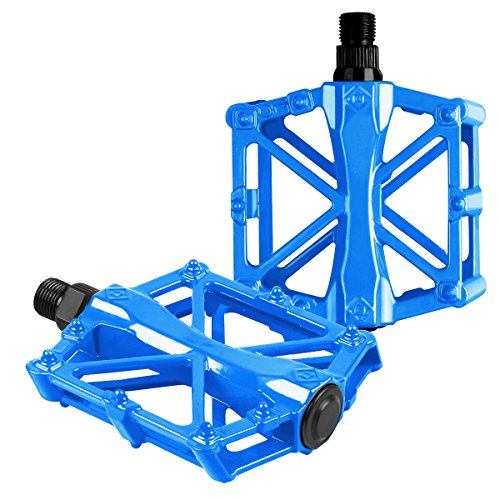 DUNCHATY Bike Pedals Mountain Bike Pedals Aluminum CNC Bearing Bicycle Pedals, Road Bike Pedals with 16 Anti-Skid Pins Lightweight Platform Pedals for BMX/MTB Bike 9/16" Spindle Blue