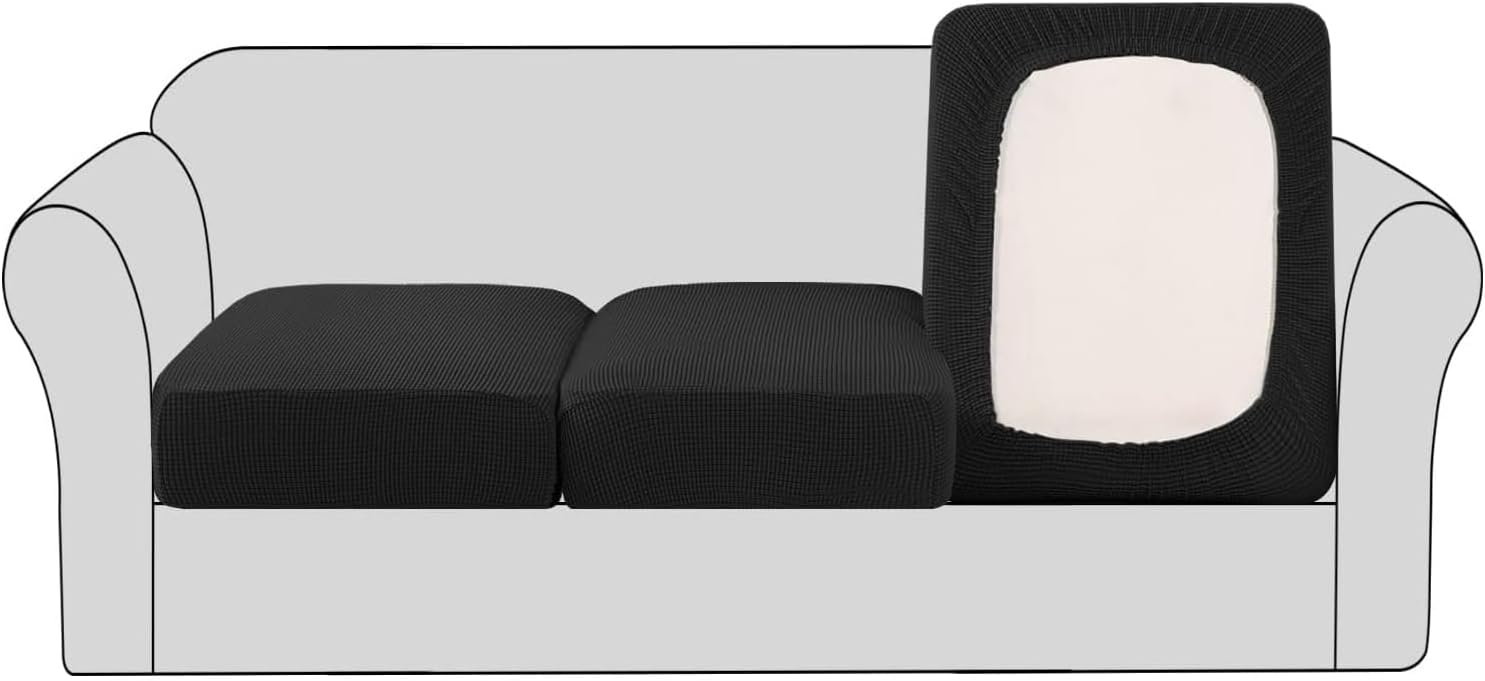 Stretch Sofa Seat Cushion Cover Sofa Couch Cushion Furniture Protector Sofa Slipcover with Elastic Bottom Spandex Jacquard Fabric Small Checks(3 Pieces, Black)