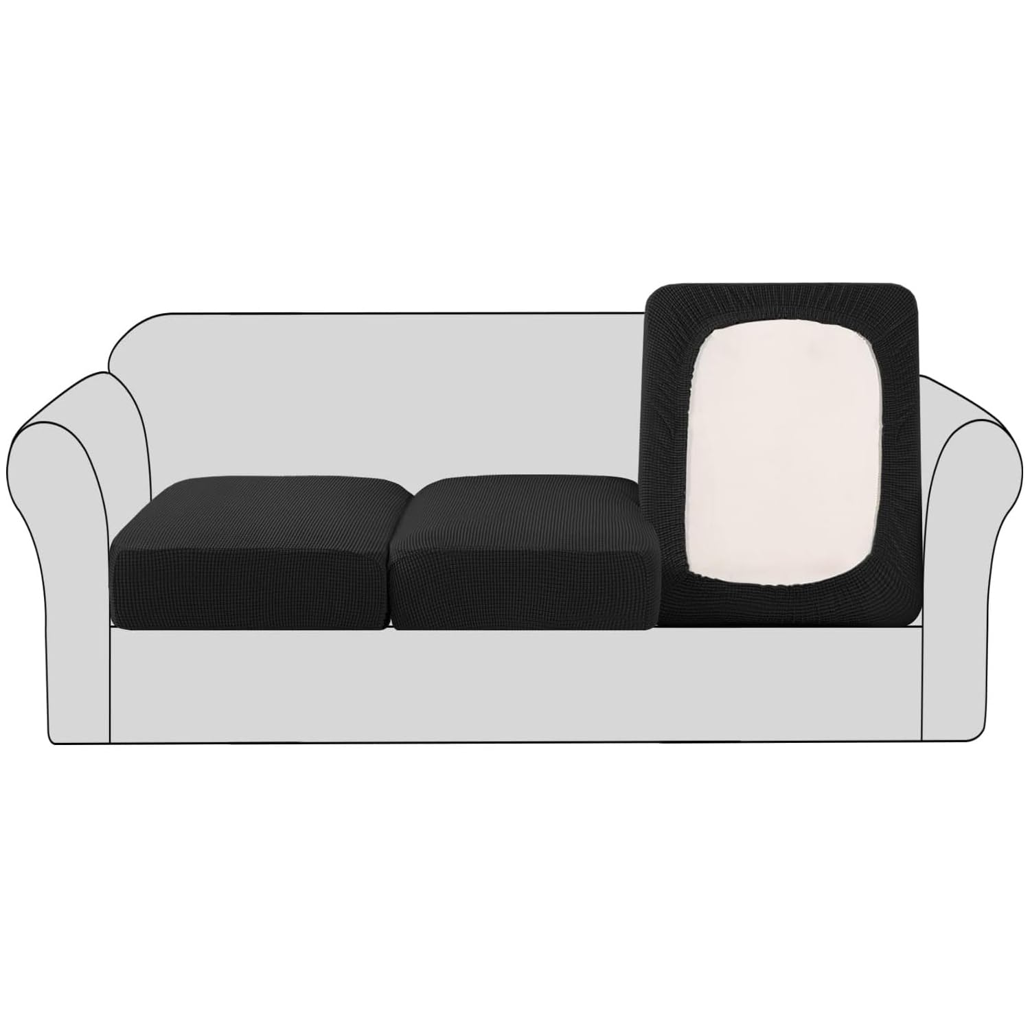 Stretch Sofa Seat Cushion Cover Sofa Couch Cushion Furniture Protector Sofa Slipcover with Elastic Bottom Spandex Jacquard Fabric Small Checks(3 Pieces, Black)