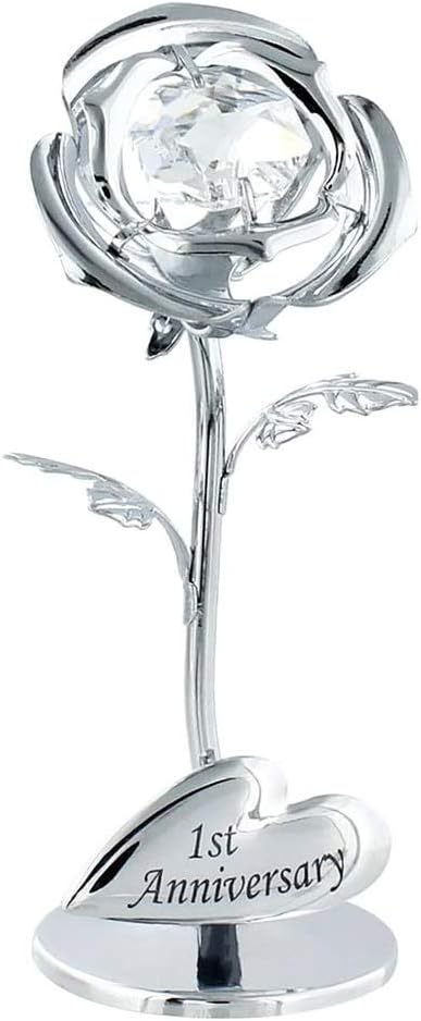 Modern "1st Anniversary" Silver Plated Flower with Clear Swarovski Crystal Bead