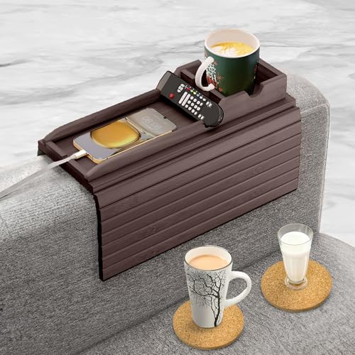 Couch Cup Holder Tray with 2 Cork Coasters, Couch Caddy,