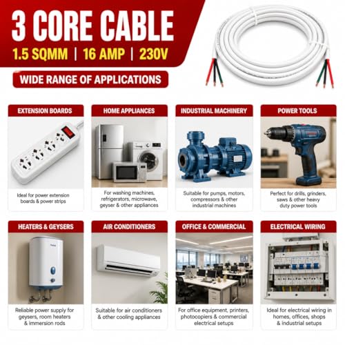 Image of Hi-Plasst 1.5 mm 3 Core Copper Cable Wire 3m | Flexible PVC Insulated Electrical Cable for Appliances & Wiring