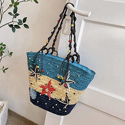 Lushandy Bohemian Straw Tote Bag Boho Embroidered Starfish Handbags Woven Shoulder Bag Straw Beach Bags For Women Vacation #TOP1