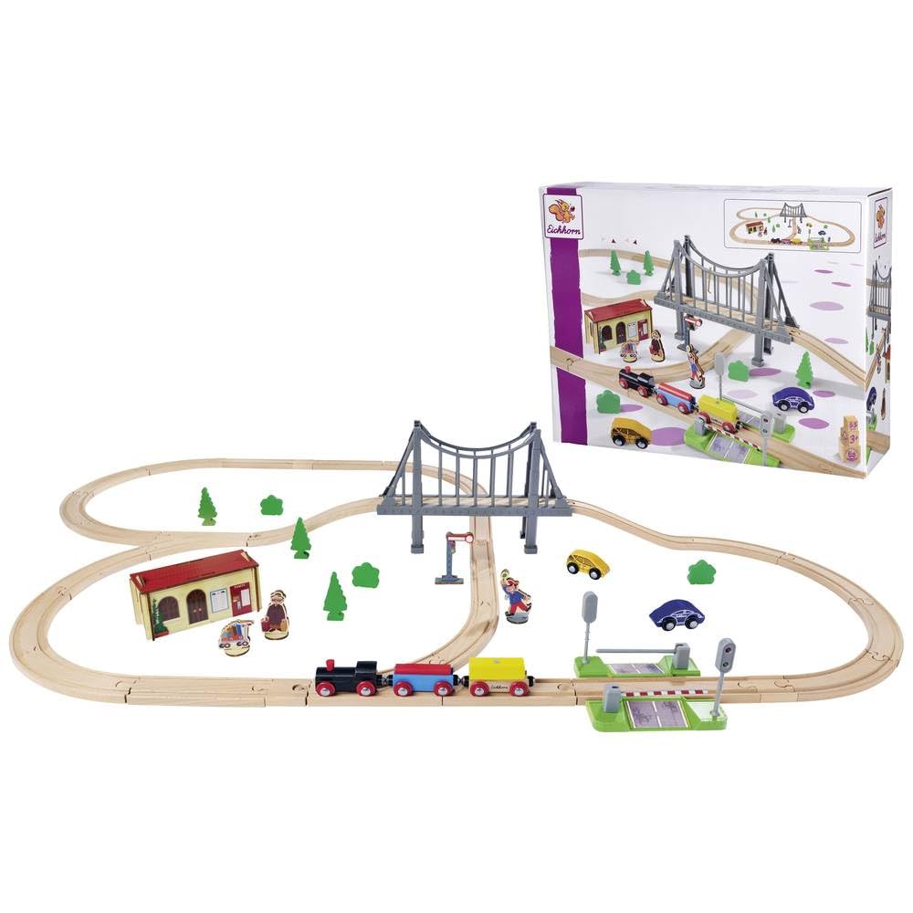 Eichhorn Ferrocarril 100006204 - Juego de ferrocarriles con Puente, 55 Piezas, Longitud de Trazo de 500 cm, Madera de Haya certificada FSC, se Puede Instalar con Otros Sistemas ferroviarios