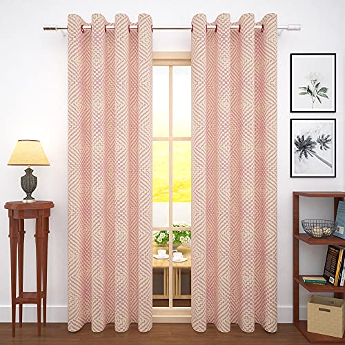 Image of Story@Home Bloom Collection Jacquard Lavish and Modern Rich Geometric Print 2 Piece Eyelet Ring top Door Curtain for Bedroom and Hall - 7 Feet, Baby Pink