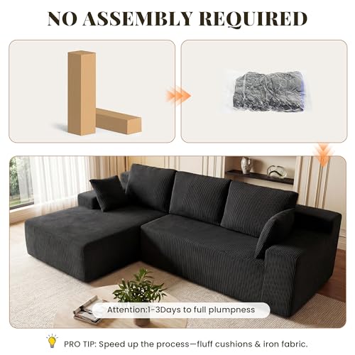 Image of GRUSIGN Cloud Sectional Boneless Couches for Living Room, Modular L Shaped Couch with Deep Seat Oversized Left Facing Chaise, Memory Foam Compressed Spineless 3 Seater Sofa for Apartment, Black