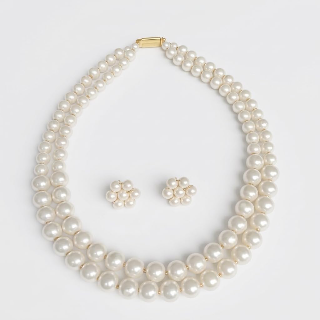 White Pearls Beaded Moti Mala Necklace Jewellery Set with Floral Design Earrings for All Women &Girls Mala Necklace Women's Fashion Accessories-image-9
