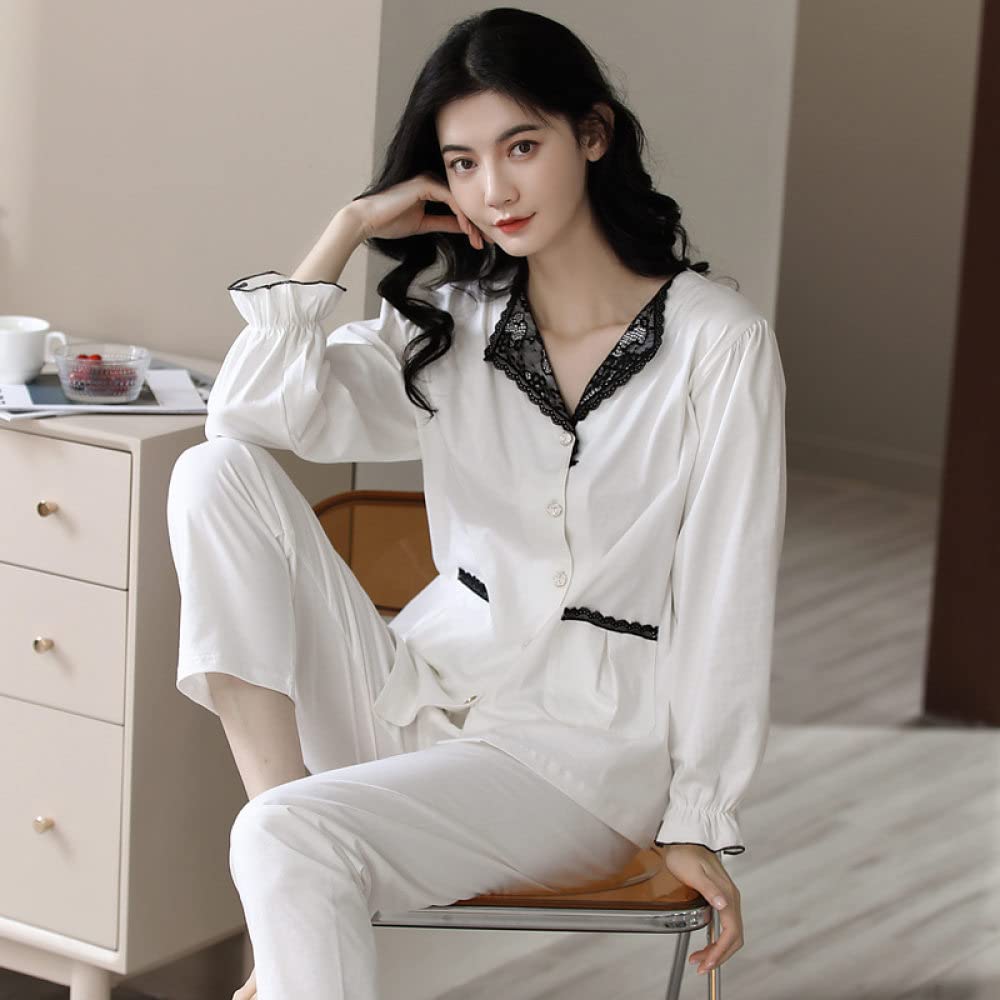 Pijama Mujer,Conjuntos De Pijama De Algodón Para Mujer Solapa Blanca Botón De Encaje Negro Con Bolsillo Elegante Y Acogedor Invierno Cálido Manga Larga Pjs Top & Conjunto De Fondo Ropa De Descan