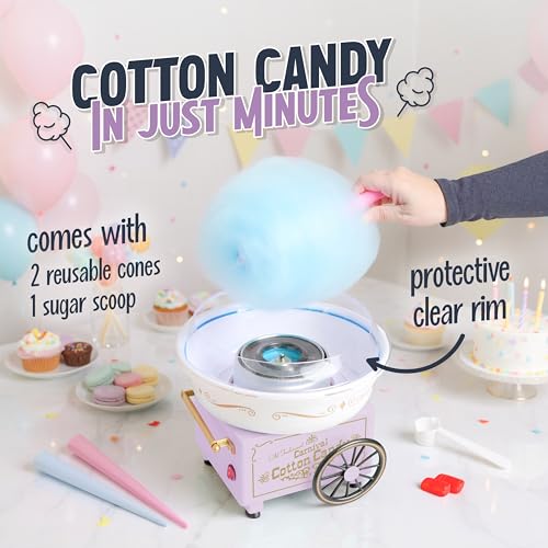 Image of Nostalgia Vintage Hard and Sugar Free Candy Countertop Cotton Candy Maker, Includes 2 Reusable Cones And Sugar Scoop - Lavander
