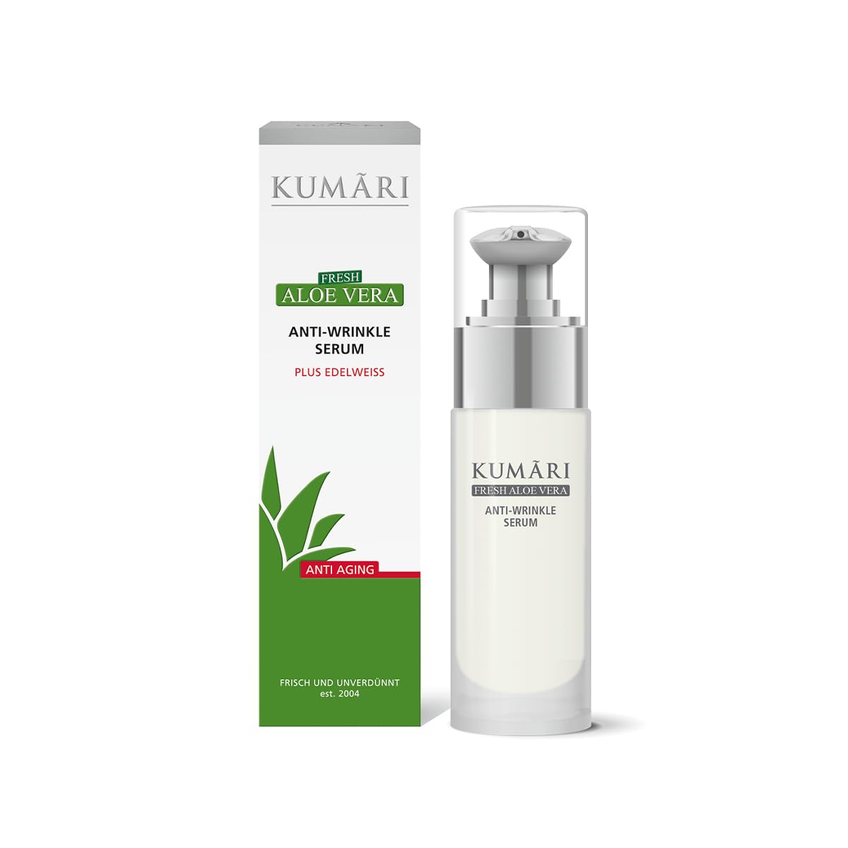 KUMARI Anti-Falten Serum 30 ml mit Aloe Vera + Edelweiß & Gatuline strafft die Haut & glättet Fältchen – Anti-Aging Gesichtsserum mit 85% unverdünntem BIO Aloe Vera Pflanzensaft (30ml)