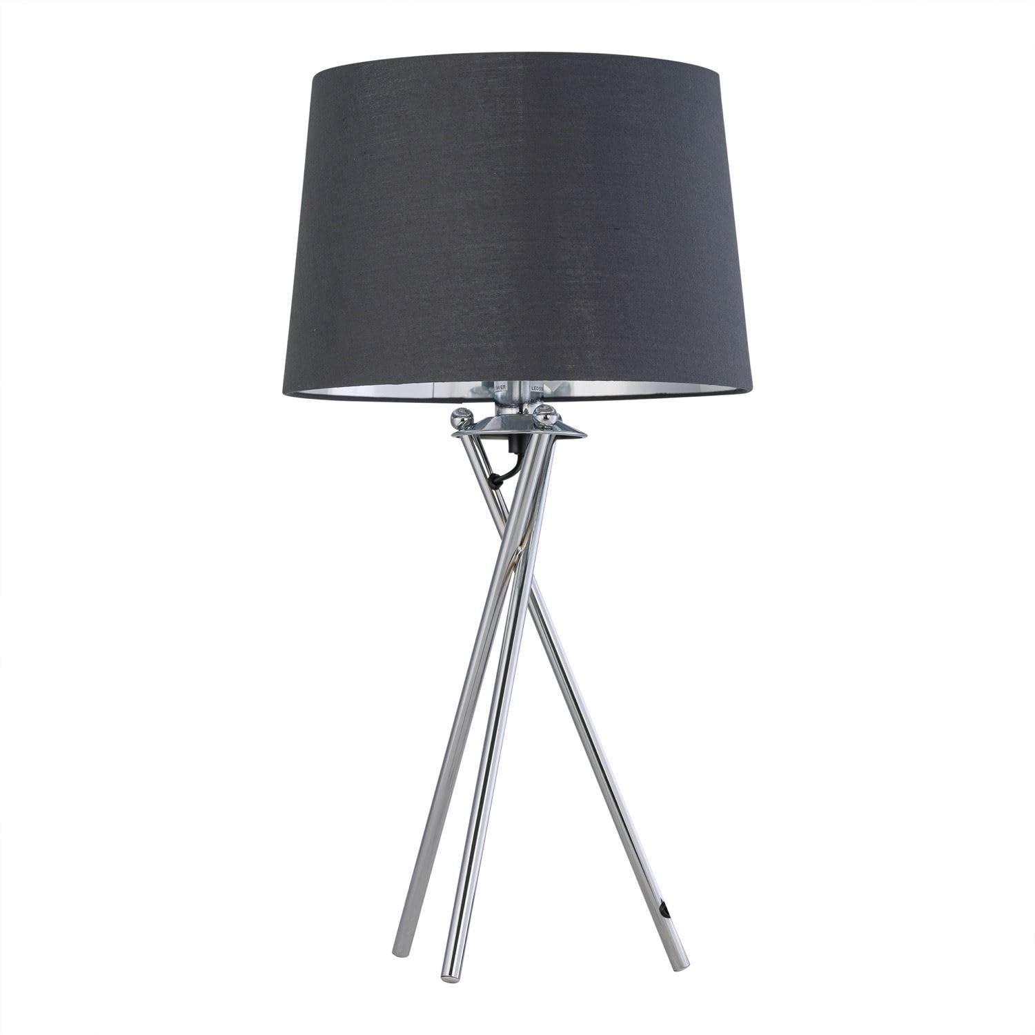 firstchoicelighting Tripod Table Lamp or Bedside Light, Chrome with Grey & Silver Fabric Shade, LED Compatible, Height 53cm, Inline Switch