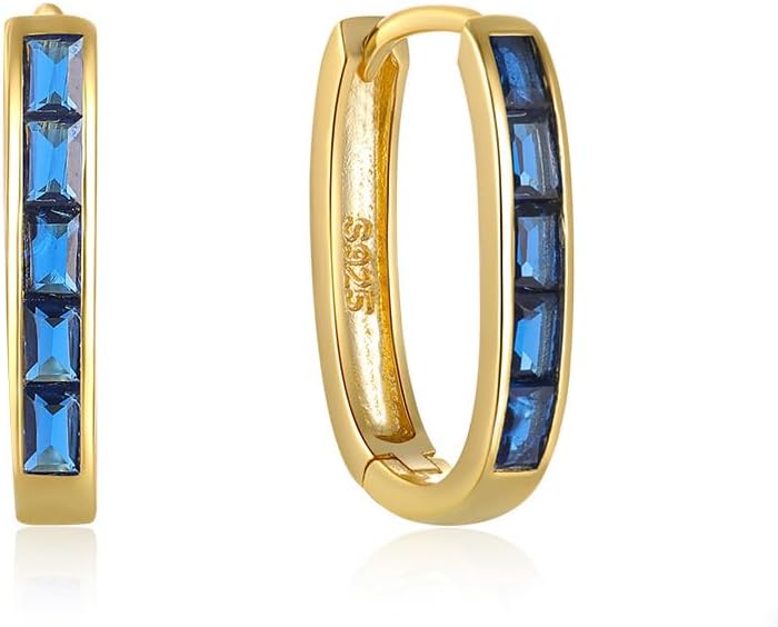 Women's Hoop Earrings 925 Sterling Sliver Cubic Zirconia Huggie Hoop Earrings Baguette Earrings Hypoallergenic Gold Hoop Earrings for Women (Blue)