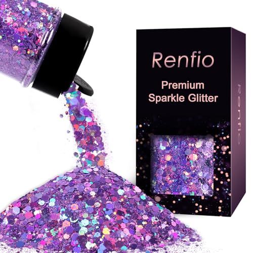 Renfio Holographic Chunky Glitter 1.76oz/50g Laser Light Purple Glitter for Snowglobe Tumbler Purple PET Flake Mixed Fine Powder for Snowglobe Tumbler Craft Epoxy Resin Festival Decor Nail Slime
