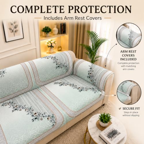 Image of Printed 7 Seater L-Shape Sofa Cover with Arm Covers, Quilted Texture, Sectional Couch Protector for Living Room-Pack of 15 (Green Vine)