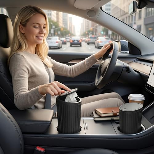Cubo de basura para coche de plástico negro mini bote con tapa de presión 2 piezas 5