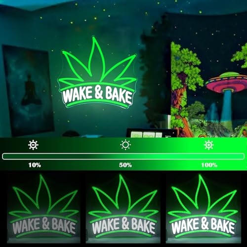 Image of Wake & Bake Neon Signs Green Weed Leaf LED Neon for Bar Decor,Dimmable Wake and Leaf Neon Lights Men Cave Bedroom Living Room Gifts for Christmas Birthday(Green, Wake)