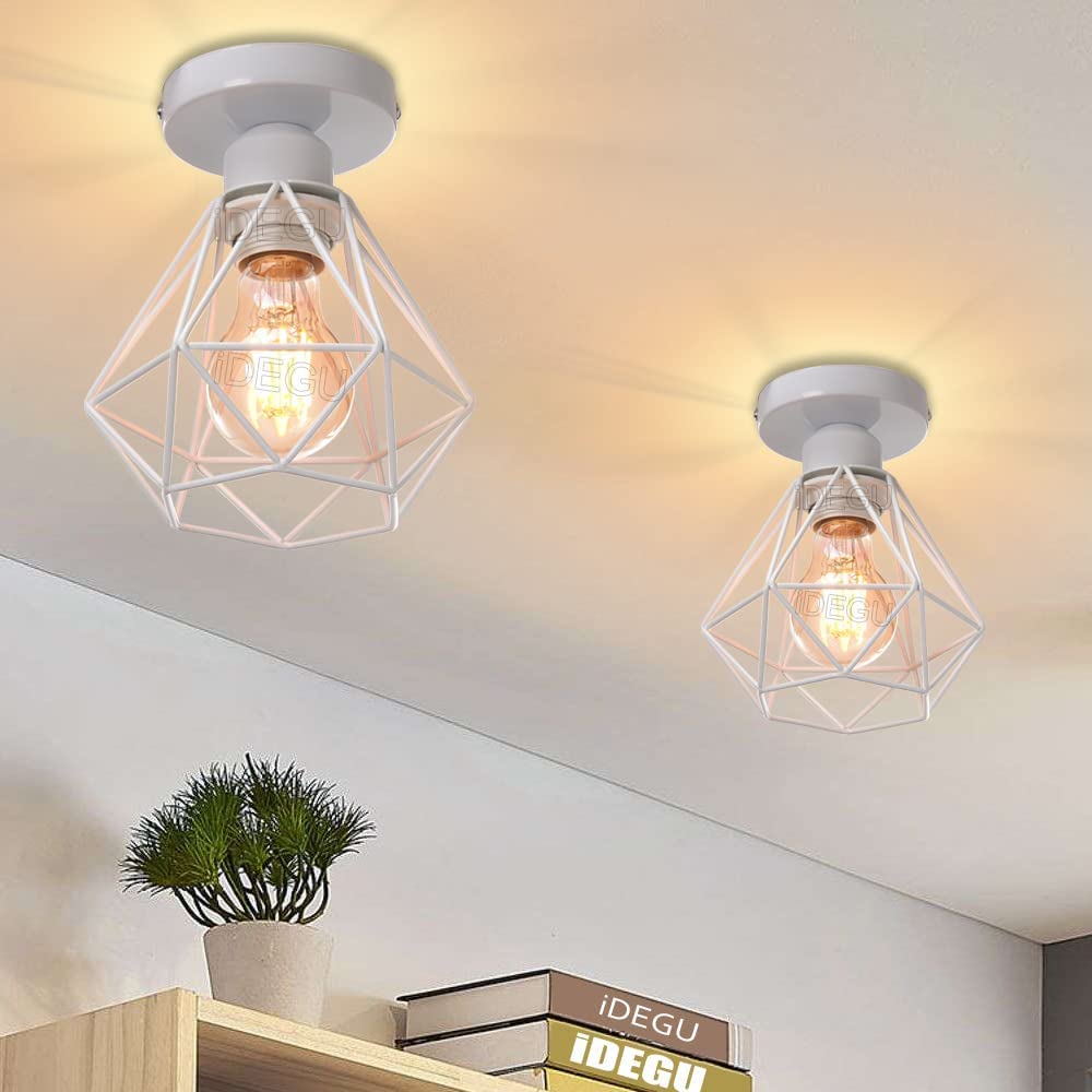 iDEGU Lot de 4 Plafonnier Industriel Vintage Lustre Suspension E27 Rétro Luminaire Design Cage Diamant Fer Lampe de Plafond pour Couloir Salon Cuisine Chambre, Ø16cm (Cage B, Blanc)