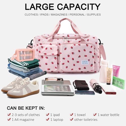 Image of BEULPTN Small Gym Bag For Women, Travel Duffle Bag Carry On Weekender Bag With Shoe Compartment, Strawberry#Pink, 28x50x21cm /11*19.6*8.2 Inch
