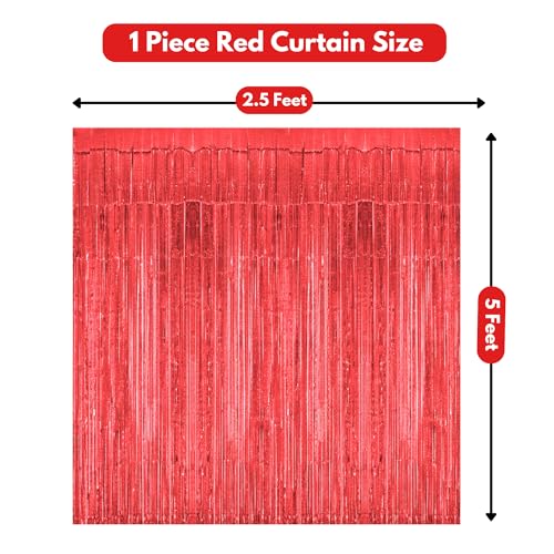 Image of 4 Pcs Foil Curtain Happy Birthday Decoration Kit Red for Anniversary Baby Shower Boys Girls Kids Party Pack Items Set Combo Aluminium Metallic Foil Fringe Shimmer Backdrop