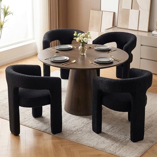 Image of HNY Modern Barrel Kitchen & Dining Room Chairs Set of 4, Sherpa Upholstered Accent Chairs with Arm, 18.5'' Wide Side Armchairs Vanity Chairs for Living Room Bedroom Makeup Small Spaces, Black