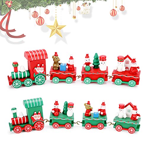 Wjiang 2 Pcs Happy Trees Wooden Christmas Train with Snowman, Cute Wooden Mini Christmas Train Toy Wooden Santa Claus Train Festival Toy with 8 Carriages for Christmas Decoration Gift Party Ornaments
