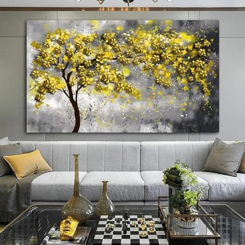 Toile arbre jaune doré pour salon moderne décoration murale lumineuse 70x100cm