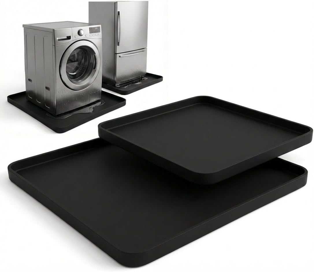 2 Pack Silicone Refrigerator Drip Pan for Floor, 24" & 20" Appliance Floor Protector Mat with 0.4" Raised Edges, Waterproof Leakproof Tray for Mini Fridge, Washer, Wine Cooler, Black
