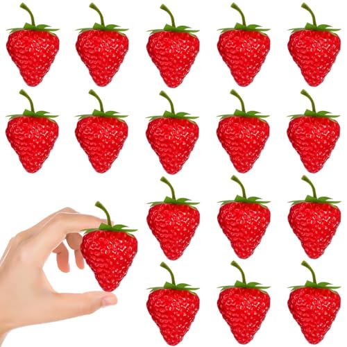 WXOIEOD 20 Pieces Fake Strawberries Plastic Artificial Strawberries Faux Realistic Strawberry Decor Mini Fruit Food Ornaments Display Photo Props for Strawberry Cake Party Decorations