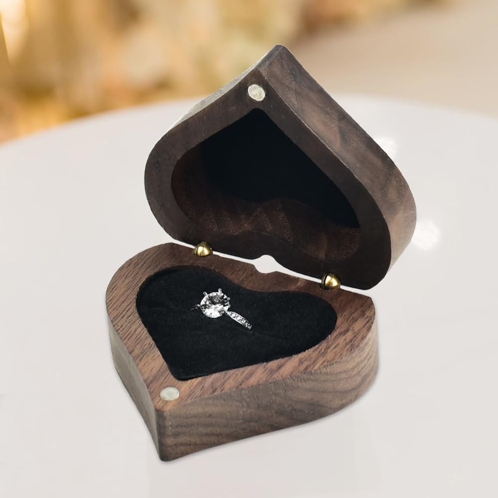 DTYGUIXE DTYGUIXE Caja para Anillos de Boda, 1 Caja de Madera para Anillos de Compromiso en Forma de Corazón y con Forro de Terciopelo Negro Caja para Alianzas de Boda