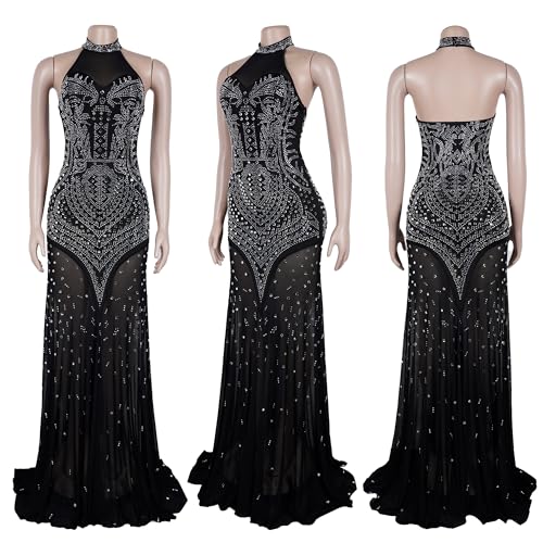 Image of PORRCEY Women's Sexy Rhinestone Mesh See Through Party Night Prom Dress