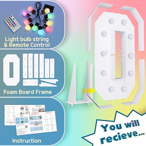 Image of Imprsv Colorful 4FT Marquee Numbers 0, 18 Colors Large Light up Numbers | RGB with Remote, Birthday Party Decorations Anniversary Wedding Decorations Assembly Required 21 Pcs Accessory Set