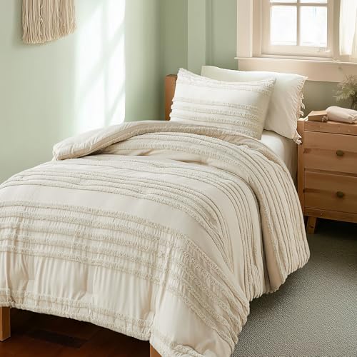 Image of BEDELITE Boho Twin /Twin XL Comforter Set,Beige Tufted Striped Bed Set 2 Pieces, Soft Vintage Farmhouse Comforter for College, Boho Home Dorm Decor, Fluffy Jacquard Bedding with 1 Pillow Sham