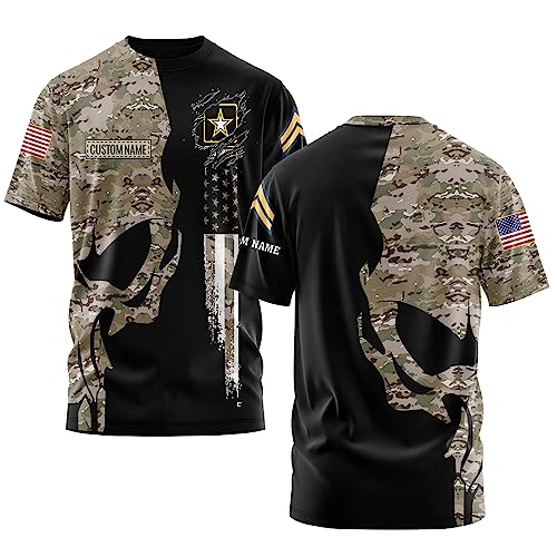 Personalized Veteran & Military Rank Insignia Skull T-Shirt for Men, Army Military American Flag...