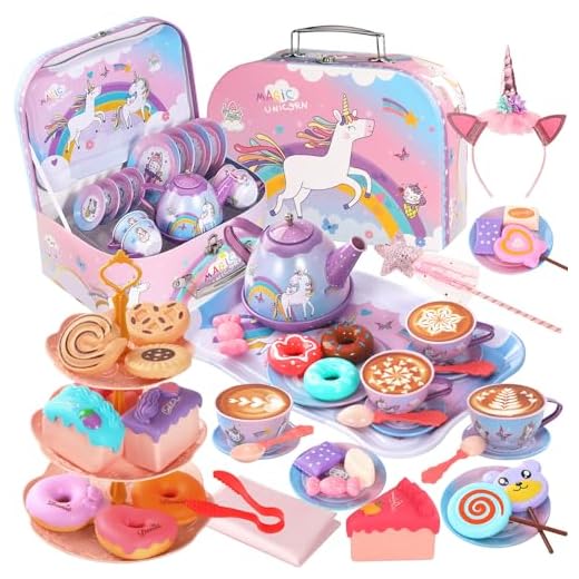 55Pcs Tea Party Set for Little Girls, Princess Tea Party Set,Unicorn Kid Tin Tea Set,Kids Kitchen Pretend Toy, Toddler Tea Party Sets for Girls 3-5, Girls Tea Party Set Gift for 4 + Year Old Girl