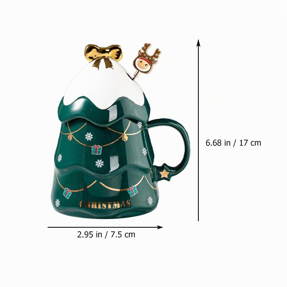 Cabilock 500ml Weihnachtstasse Groß mit Deckel & Löffel - Keramik Kaffeebecher Tannenbaum Grün, Lustige Teetasse für GlühweinKakao, Kaffeebecher & Milchtasse, Weihnachtsgeschenke für Frauen & Büro