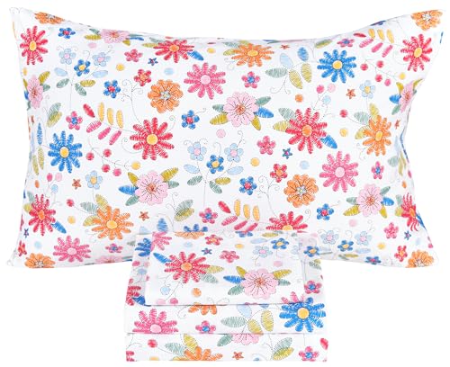 Image of Scientific Sleep Kids Hand Sketch Flower Leaves Pastoral Garden Cute 100% Cotton 4 Pcs Full Bed Sheet Set Kids Toddler Teen, Flat Sheet & Fitted Sheet & Pillowcase Girls Bedding Set