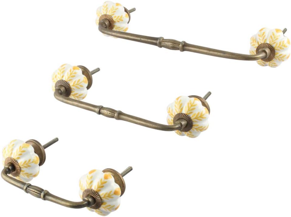 Indian Shelf 2 Pack Ceramic Yellow Cabinet Pulls Leaf Vintage Kitchen Drawer Handles Door Dresser Handles Antique Hardware 4" Hole to Hole -BH-698-CK-462