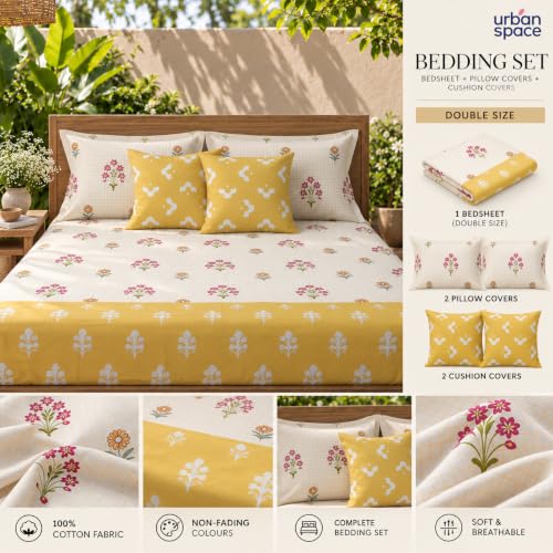 Image of Urban Space 144 TC Divine 100% Cotton Bedsheet for Double Bed with 2 Pillow Covers and 2 Cushion Covers, Queen Bedsheet (Size 90 x 100 inches, Magnolia Yellow, Double)