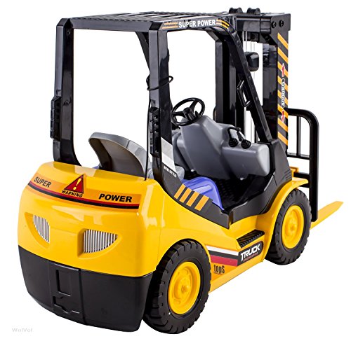 WolVol 6-Channel Electric Remote Control Forklift - Functional RC Lighted Fork Lift Toy w/ Pallet, Barrel, Rechargeable Batteries & Charger - Pretend Construction Playset for Kids
