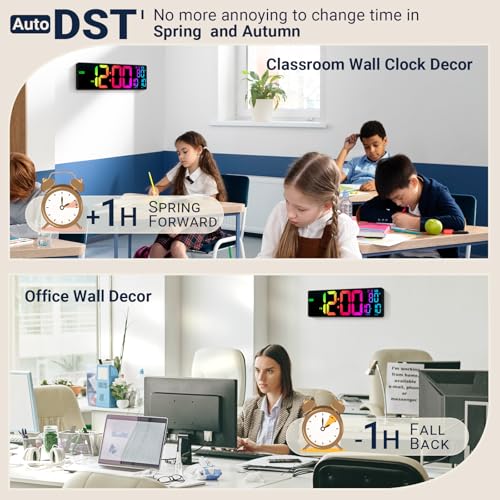 Image of 16.5 inch Large Digital Wall Clock: 11 RGB Color LED Display with Remote Control, Auto DST, Temperature & Date, Big Number Wall Clock for Seniors, Classroom, Office, Gym, Home Decor Black