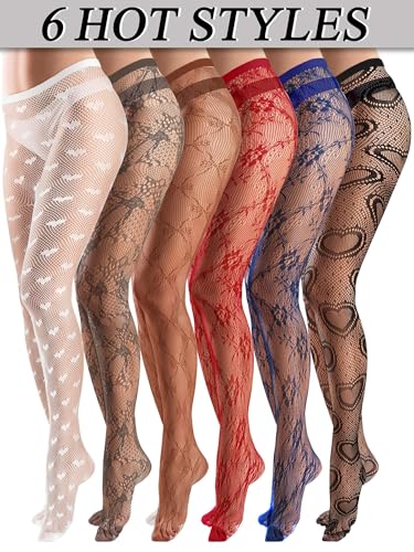 Image of Ramede 6 Pairs Women Fishnet Tights Thigh High Waist Bow Stockings Patterned Lace Fishnet Leggings Pantyhose for Halloween