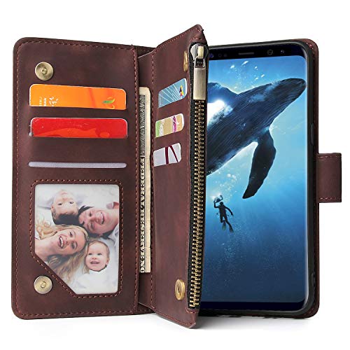 Lbyzcase Phone Case For Galaxy S8 Plus,Samsung S8 Plus Wallet Case,Luxury Folio Flip Leather Cover[Zipper Pocket][Wrist Strap][Kickstand ][Magnetic Closure] For Samsung Galaxy S8 Plus-Coffee #TOP1
