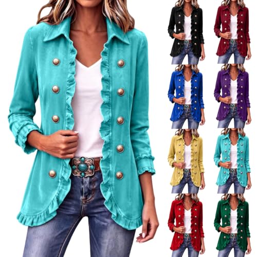 Women's Velvet Blazer Ruffle Trim Double Breasted Casual Vintage Jacket - image 1