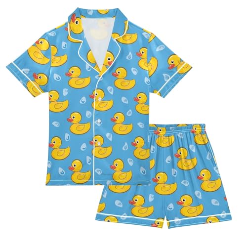 Yellow Duck with Bubble Print Summer Satin Pajama Set, Cute Button-Down Sleepwear Pj Set for Sleep Wears