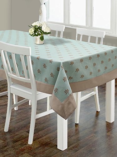 S9home 6 Seater Floral Aqua & Beige Premium Table Cover with Matching Border 60 x 90 inches