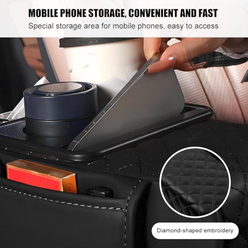 Image of Car Armrest Cushion, 5-in-1 Nappa Leather Vehicle Centre Console Cover with 2 Storage Pockets, Cup Phone & Phone Holder, Multifunctional Auto Organiser Accessories, Universal Fit (Black)